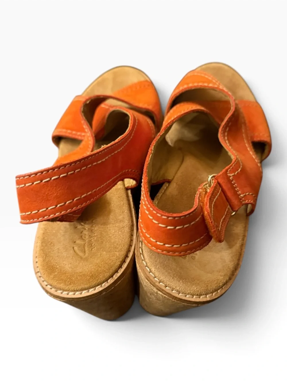 Clarks Artisan Orange Nubuck Leather Cork Wedge Sandals Size 10